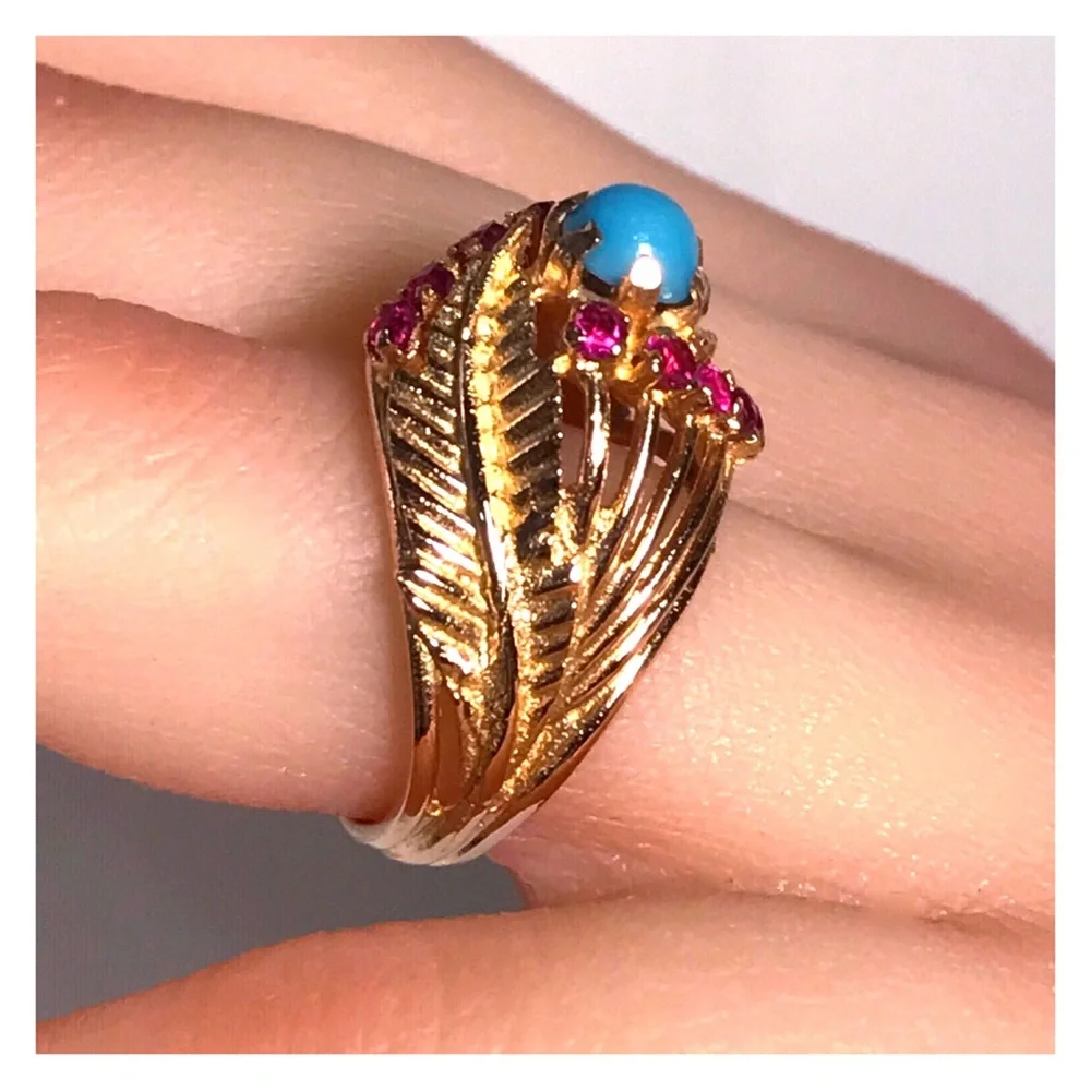 18KT SOLID GOLD ANTIQUE TURQUOISE & RUBY RING - 7.65 GRAMS!! - Picture 13 of 13